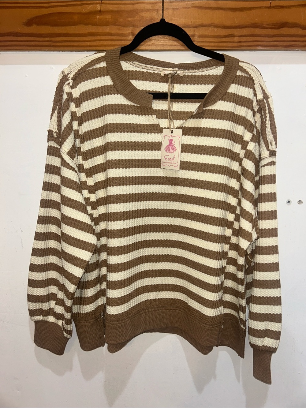 Easel Long Sleeve Thermal Knit Striped Cream and Brown Sweater